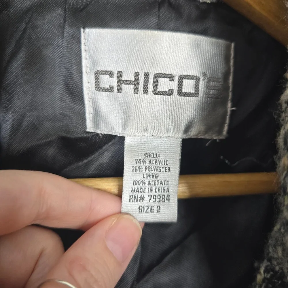 Chico's Women Size 2 Black Multi Color Tweed Fringe Open Front Blazer Jacket - Picture 5 of 5